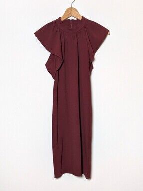 Calvin Klein Ruffle Cap‎ Sleeve Mock neck Dress Red Maroon Size 8